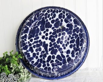 Vintage Graniteware Pan: Cobalt Blue Swirl Enamelware, Farmhouse Decor