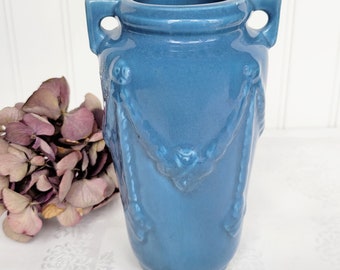Vintage Art Deco Blue Pottery Vase: Two-Handled Urn with Raised Relief
