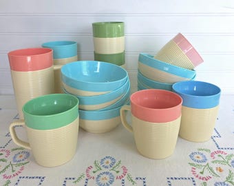 Thermo-Temp Raffiaware Dishes: Mid Century Melmac Bowls, Mugs, Tumblers