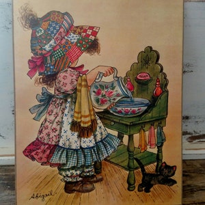 Vintage 70&#39;s Art Print On Wood Patchwork Girl With Kitty By Abigail Old Fashioned Washstand Little Girl Bedroom