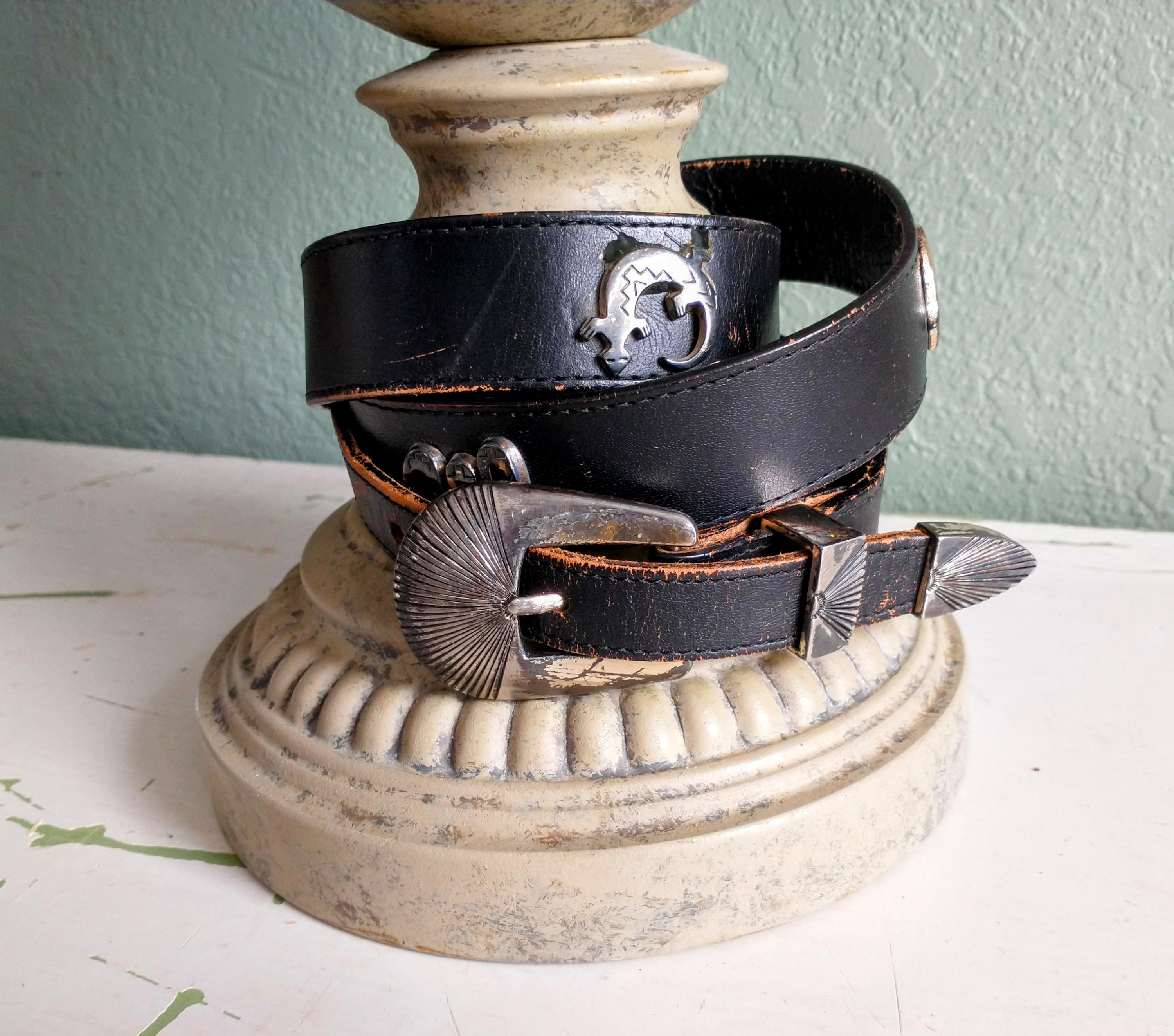 Southwestern belt black silver toned animals EUC Genuine Leather Western Belt, Animal Skin, Black, Silver  main image 3
