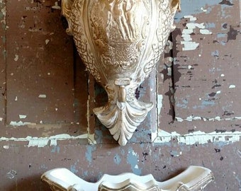 Vintage Faux Wall Fountain Lavabo Carved Figures Two Piece Chalkware Plaster (Z1)