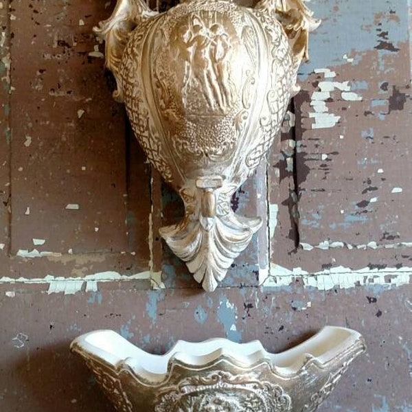 Vintage Faux Wall Fountain Lavabo Carved Figures Two Piece Chalkware Plaster (Z1)