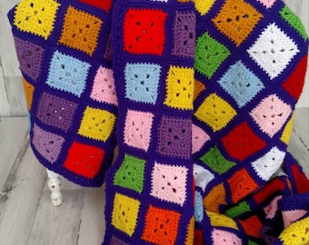 Vintage Crocheted Granny Afghan, Hand Made Granny Square Bed Cover, Sofa Throw, Bedspread, One Of A Kind Crochet Blanket