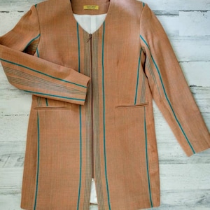 Vintage Jacket Blazer YMAR MODE Ouaga PARIS Hip Length Zip Front Orange Coral Teal Shoulder Pads New Old Stock Unique (C3)