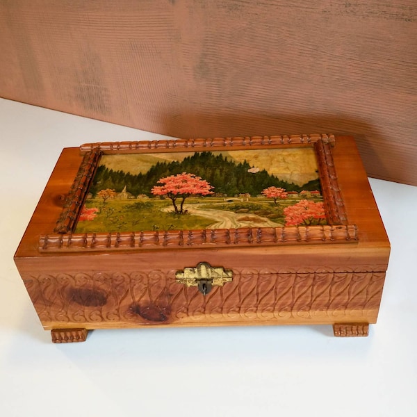 Old And Charming Wood Tooled Carved Jewelry Storage Cedar Box Handmade OOAK Dresser Chest (T1)