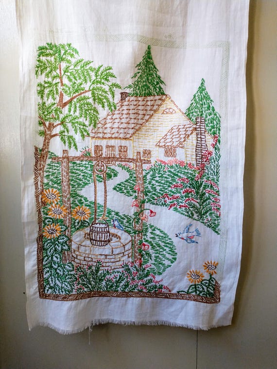 Vintage Embroidered Linen Nostalgic Country House Garden Well Cottage Cottagecore Wall Hanging Unframed (B3)