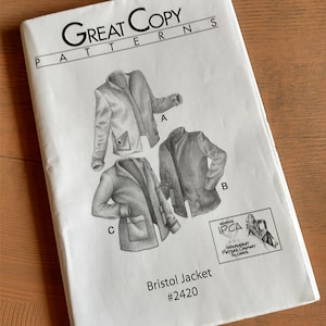 May include: A white paper pattern for a Bristol Jacket, featuring illustrations of the jacket's design variations. The pattern is labeled "Great Copy Patterns" and includes the number #2420. The IPCA logo is visible.