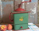 Vintage Antique IMPERIAL COFFEE GRINDER W Drawer Green Red Cast Iron And Wood Working Grinder Primitive Rustic Shabby Original Decal (K1)