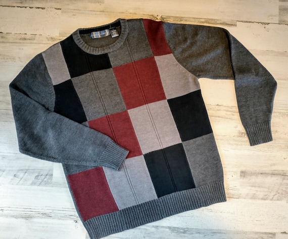 Oscar de la Renta, 90's Oscar De La Renta Geometric Pullover Sweater Men's Size Large Gray Maroon Black (G1)