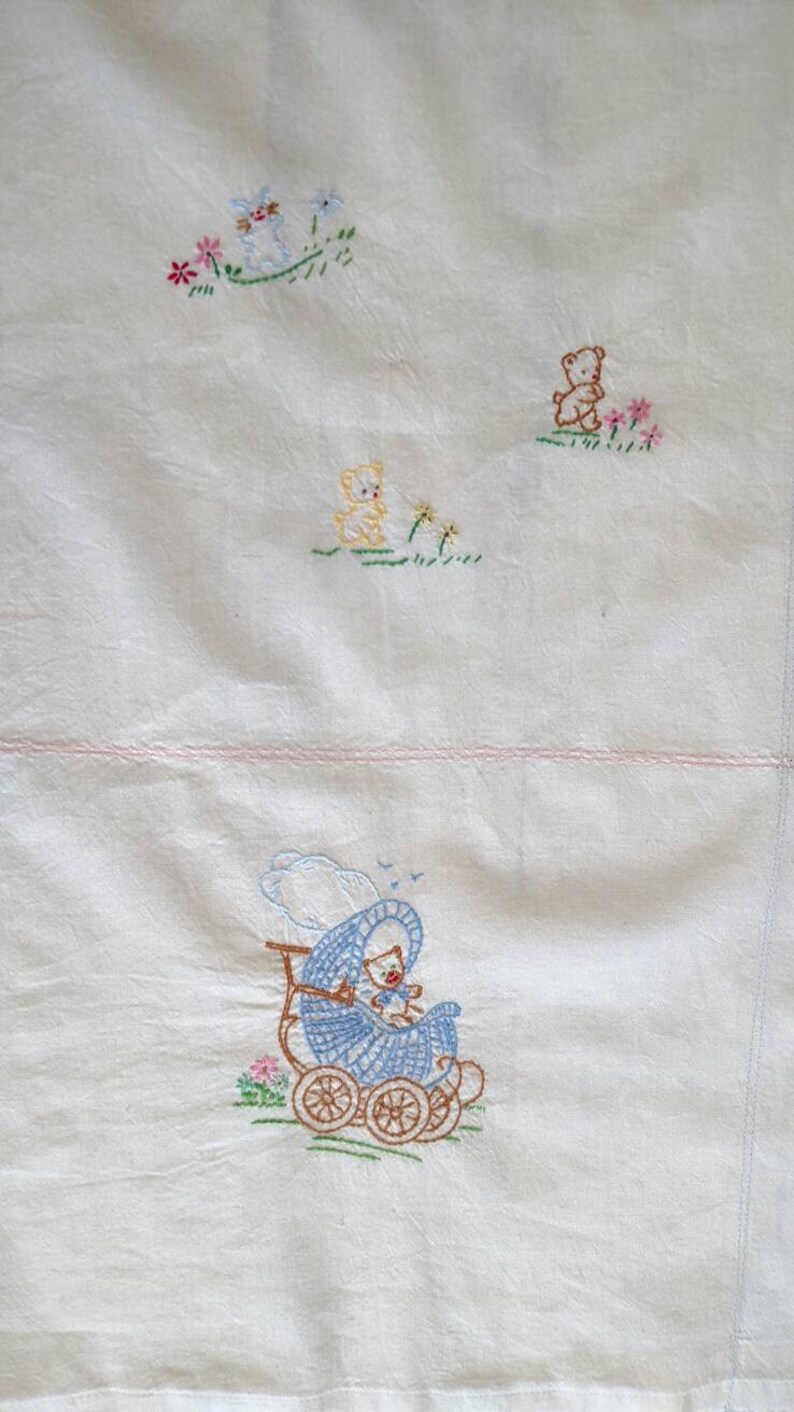 Hand Embroidered Vintage 1950's Baby Quilt TOP ONLY Embroidery Baby ...