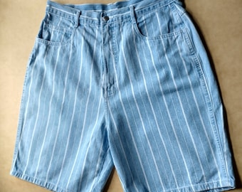 May include: Light blue denim shorts with white vertical stripes. The shorts have a high waist and a relaxed fit.