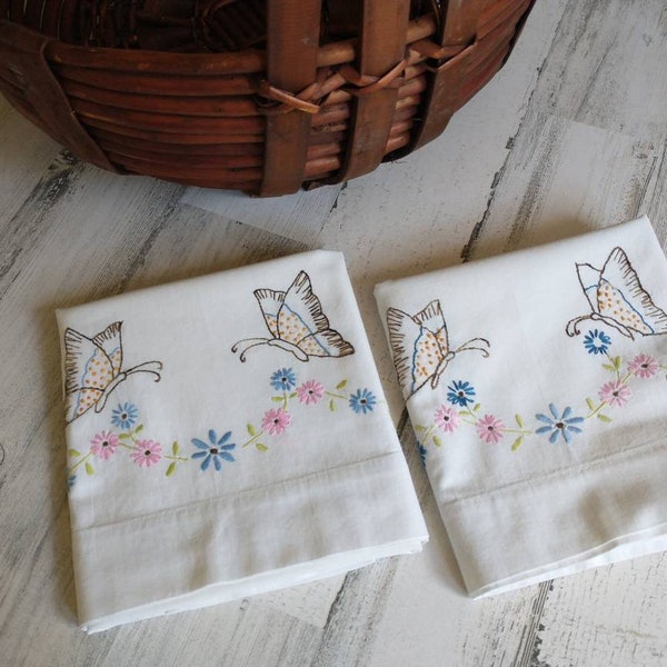 Vintage Pillowcases Pillow Cases White Standard Size BUTTERFLIES Butterfly Flowers Embroidery PAIR Of TWO Handmade Homemade