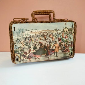 Bolso de mano Crajan de mimbre vintage, estilo impresionista, estilo patinadores de invierno, único, raro, hecho a mano (T1)