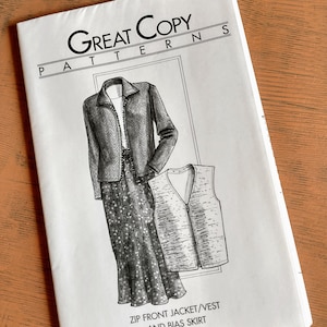 May include: A sewing pattern titled "Great Copy Patterns" featuring illustrations of a zip-front jacket, vest, and bias skirt. The pattern is labeled #1240. The cover is white with black text and illustrations.