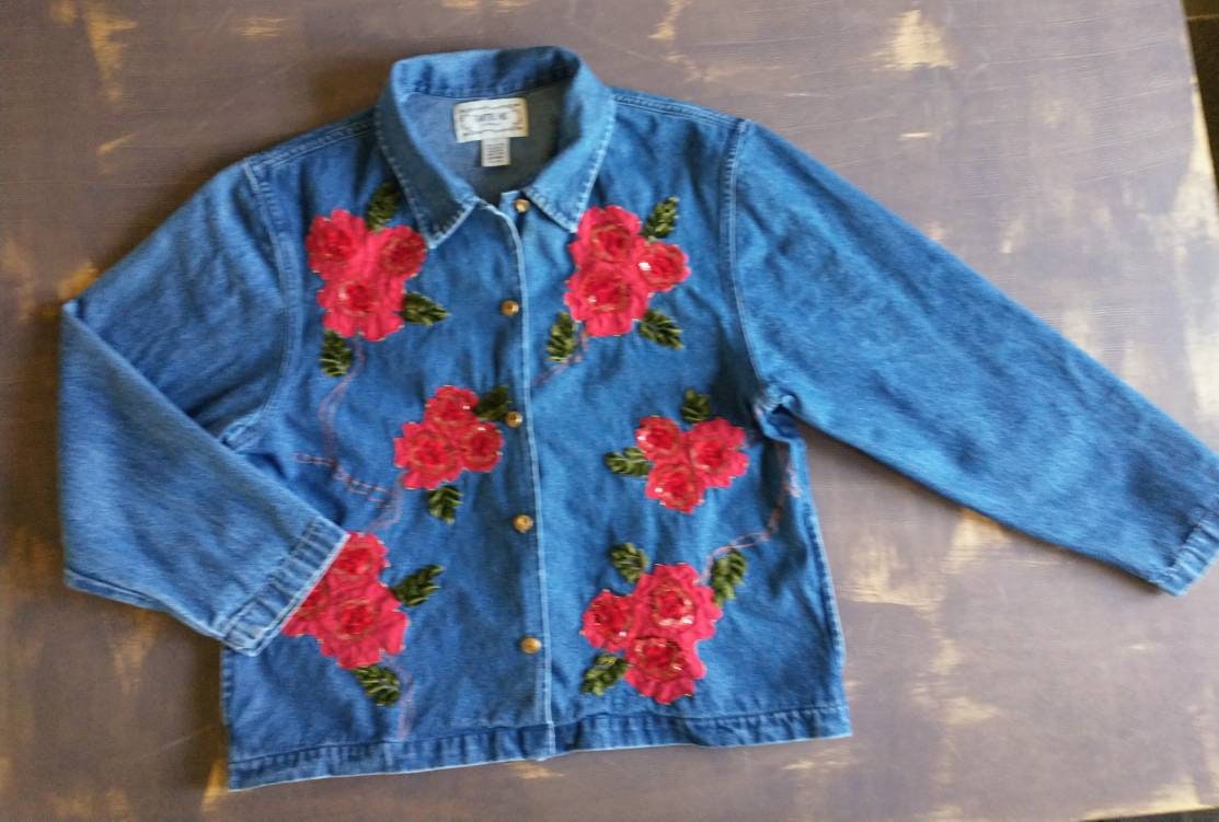 古着 デニム ジャケット tantrums 花柄 刺繍 レディース XXL 古着 デニム ジャケット tantrums 花柄 刺繍 レディース XXL