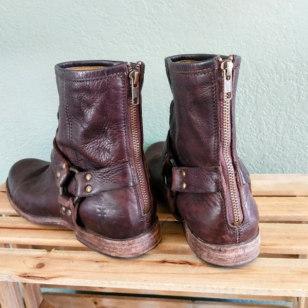 Coolest Vintage FRYE Boots Ever Harness Mid-Calf Back Zipper Women's 9 1/2 Dark Brown