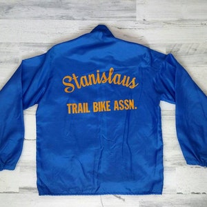 Vintage Windbreaker, 1960s Bike Wear, Stanislaus Trail Bike Assn., Racing Stripes, Flocked Letters, Size Men's Small, Drawstring