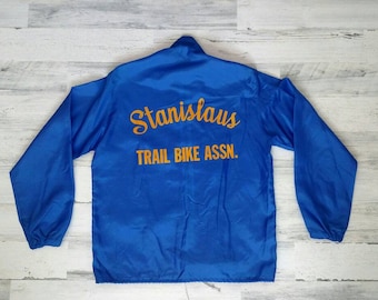 Vintage Windbreaker, 1960s Bike Wear, Stanislaus Trail Bike Assn., Racing Stripes, Flocked Letters, Size Men's Small, Drawstring