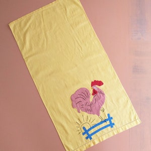 Rooster Applique Kitchen Towel Vintage OOAK Handmade Farm Table Scarf Crowing Rooster