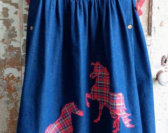 Horse Lover's Dream Skirt Vintage Denim Midi-Length One Of A KIND Appliqued Horses Gathered Indigo Heartland Jeans Country Charm 28" Waist