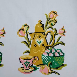 May include: A white fabric with a repeating pattern of yellow teapots, pink tulips, and green leaves. The teapots have a heart design and are surrounded by a green and white basket of pink and white eggs. A small yellow and pink teacup sits on a saucer.