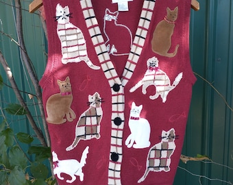 Vintage Kitty Cat Vest By Christopher & Banks Retro Fun And Whimsical Size Small Maroon Hand Embroidered