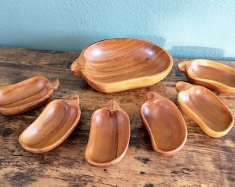 Vintage Mid Century Wood Salad Bowl Set Serves 6 Monkey Pod 1960's Serving Set 7 Pieces (K1)
