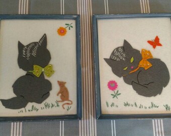 Pair Of Vintage Felt Art Kitties Pictures, Felt Cats , Framed Felines, Embroidery, Sequins, Child Art, Nursery Decor, Cat Lover Collectible