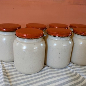 SET Of 7 Vintage Jars Speckled Factory Finish Terracotta Colored Lids Versatile Home Decor Storage (D1)
