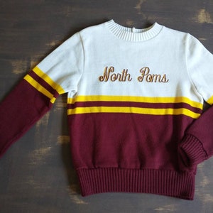 Vintage Varsity High School Sweater Uniform Top Band Cheerleader Baton Twirler NORTH POMS Size 36 Bust Burgundy Yellow Cream (EE)