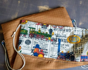 Vintage OOAK Laundry Travel Clothing Bag Homemade Vintage Train Flier Fabric Drawstring Large Fabric Sack