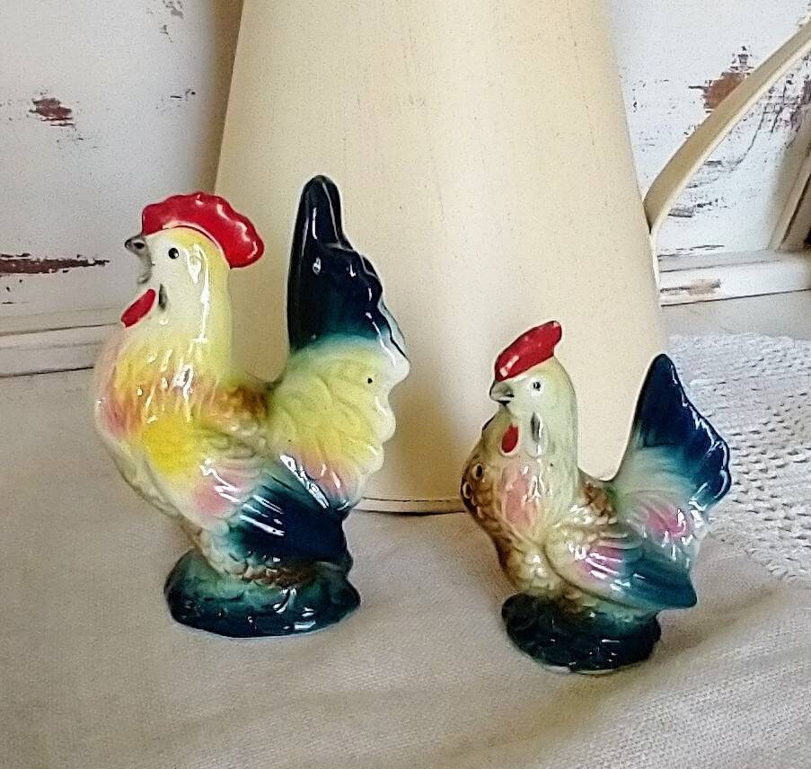 Vintage Pair of Ceramic Rooster on Wooden Post Salt and Pepper Shaker