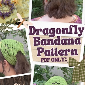 Peut inclure: Un patron de bandana en crochet en forme de libellule de couleur verte. Le patron est disponible en téléchargement PDF uniquement. L'image montre le bandana porté par une personne aux cheveux longs et bruns. Le texte "Dragonfly Bandana Pattern PDF ONLY!" est affiché au centre de l'image. Le texte "Big noggin option included!" est affiché dans le coin inférieur droit de l'image.