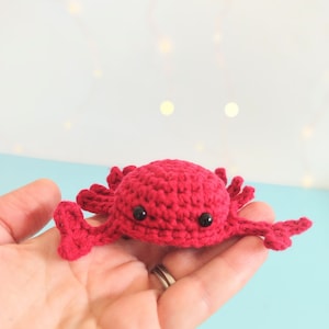 May include: A small, red crocheted crab with black eyes. The crab is sitting in a person's hand.