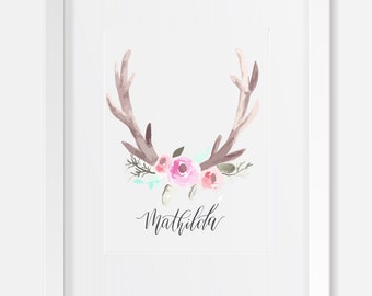 Watercolor Antler Nursery Printable with Custom Calligraphy Baby Girl Name / Caligrafia personalizada / Cuarto de Bebe