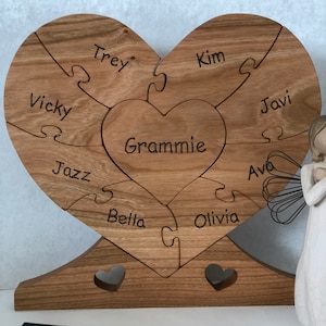 Grandparents Day personalized Heart Puzzle in 2 sizes (6-1/4” wide x 6” tall or 8-1/2” wide x 8” tall) made of  Cherry or Birch
