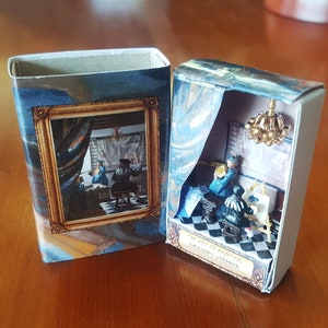 Matchbox House Artist Series: Vermeer. Room in a box, miniature Johannes Vermeer painting 3D printed inside a matchbox. The Art Of Painting.
