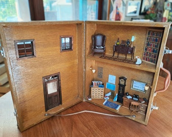 Suitcase Dollhouse: The Engineer's Case - Vintage wooden case upcycled into a dollhouse