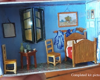 Matchbox House Kit - Make Your Own Van Gogh. Room in a box, miniature van Gogh painting 3D printed inside a matchbox. Bedroom in Arles.