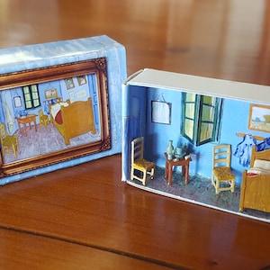 Matchbox House Artist Series: Van Gogh. Room in a box, miniature van Gogh painting 3D printed inside a matchbox. Bedroom in Arles.