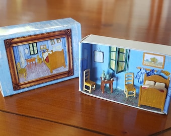 Matchbox House Artist Series: Van Gogh. Room in a box, miniature van Gogh painting 3D printed inside a matchbox. Bedroom in Arles.