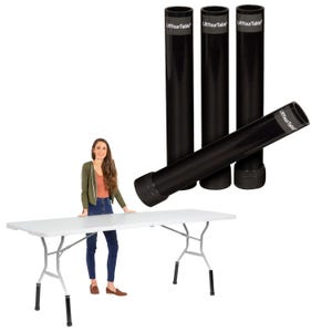 May include: A white folding table with a metal frame and black leg extensions. Four black cylindrical table leg extenders are displayed, each with the text "LiftYourTable". A person stands next to the table.