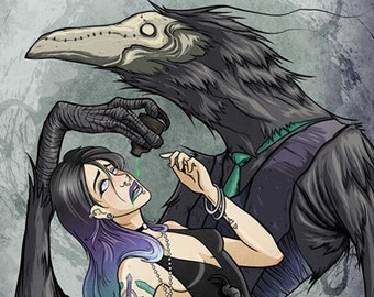 Reapers Waltz - Limited Numbered Metallic Linen Art Print - Shawn Coss & Denis Caron - Goth Poison Witch Crow/Raven Creature/Monster