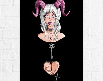 Key Demon - Illustrated Print - White Haired Demon Girl with Purple Horns and Rosary - Art by Denis Caron