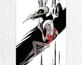 Necrowmancer - Monsters & Dames Limited Numbered Metallic Linen Illustrated Print - Black Magic White Mage Creature - Art by Denis Caron