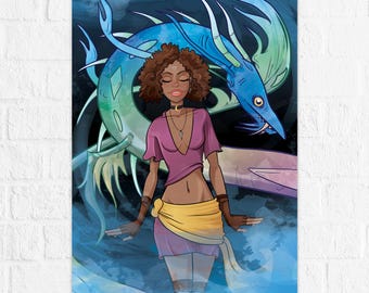 Sea Sorceress - Monsters & Dames Limited Numbered Metallic Linen Illustrated Print - Water Element Serpent Magic - Witch Art by Denis Caron