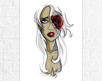 Life is a Beautiful Struggle - Illustrated Print - White Haired Girl with Dying Rose and Cracked Skin - Art by Denis Caron
