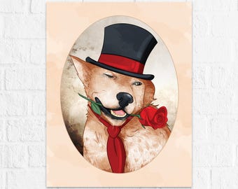 Winslow the Whimsical Wooer - 8x10 Dog Illustrated Print - Romantic Red Heeler with a Rose - Art by Denis Caron