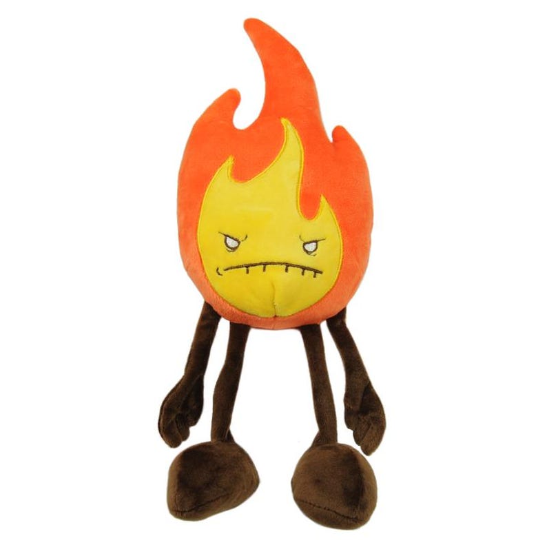 Fire elemental plushie with dangling limbs on a white background. The body of the toy is orange and yellow, its arms and legs are brown. It has a mad face.